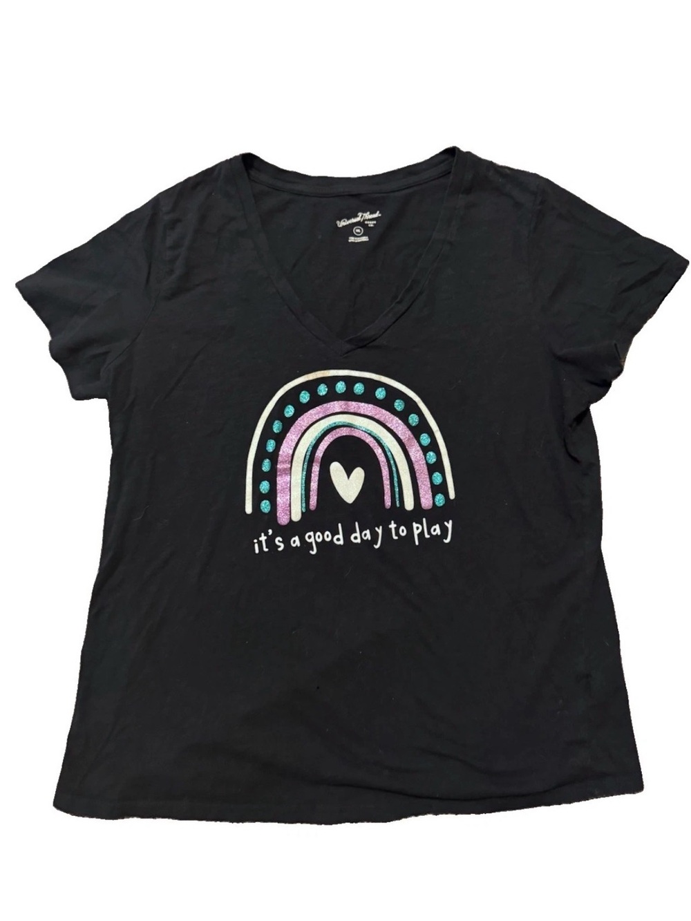 Universal Thread Black V-Neck Tee with Pastel Rainbow and Heart